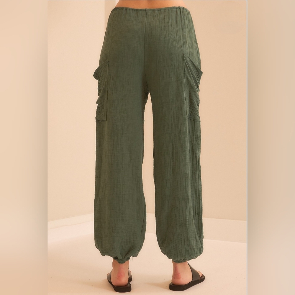 🐧#1252 WASABI + MINT Evergreen Gauze Cargo Jogger Pants - Picture 3 of 4